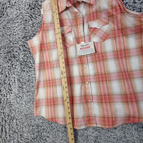 Wrangler Womens Plus XXL Sleeveless Plaid Lace Western Shirt Pink Metallic NEW - Picture 4 of 9